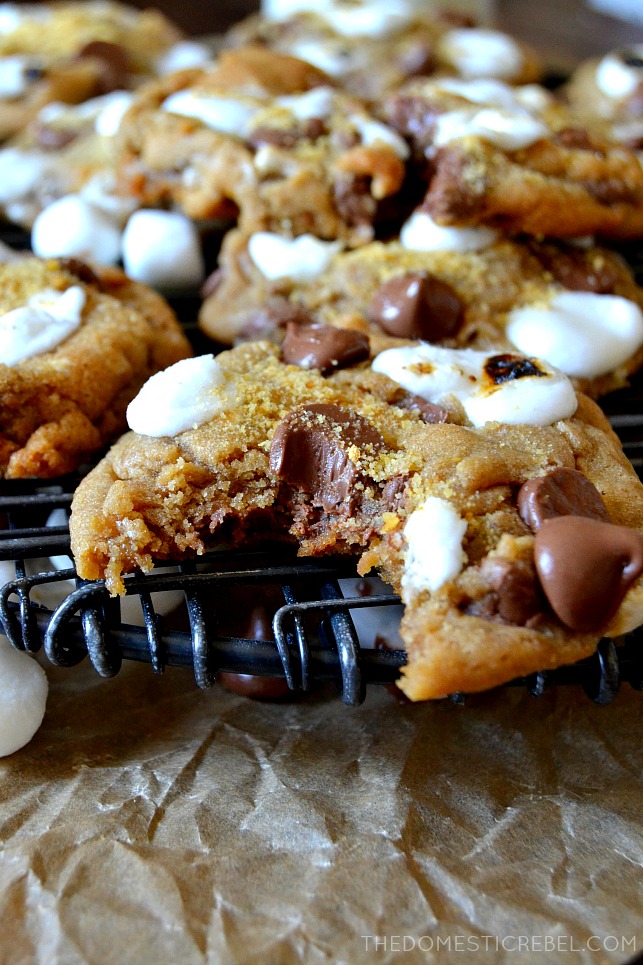 one s'more cookie with a bite taken out of it 