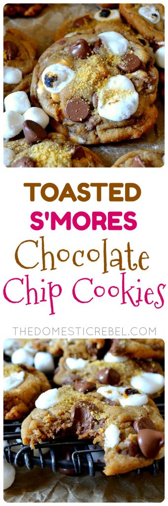 These Toasted S'mores Chocolate Chip Cookies are FANTASTIC, heavenly cookies flavored with s'mores! From the soft and chewy chocolate chip cookie base to the gooey puddles of milk chocolate and toasted sweet marshmallow, you'll love these easy, crowd-pleasing cookies! 