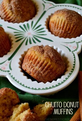 These Churro Donut Muffins are next level! Moist, fluffy, cake-like and tender vanilla and nutmeg-scented muffins dredged in crisp, sparkling cinnamon sugar that taste JUST like a churro! Super easy and so delicious!