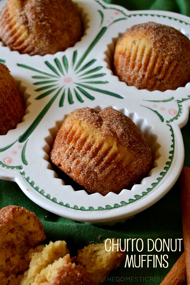 churro donut muffins in a ceramic muffin pan 