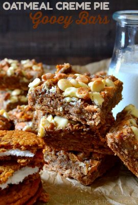 These Oatmeal Creme Pie Gooey Bars are heavenly! Thick, soft and chewy with a gooey filling of chopped oatmeal creme pies, condensed milk, butterscotch and white chocolate chips! Comforting and delicious!