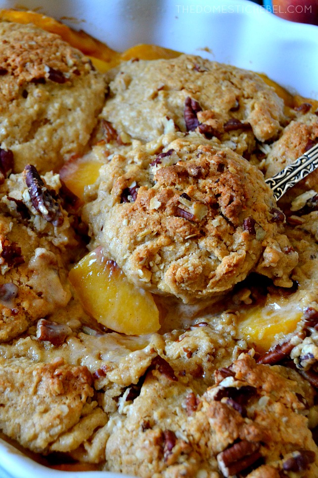 Close up view of the oatmeal cookie topping of the cobbler