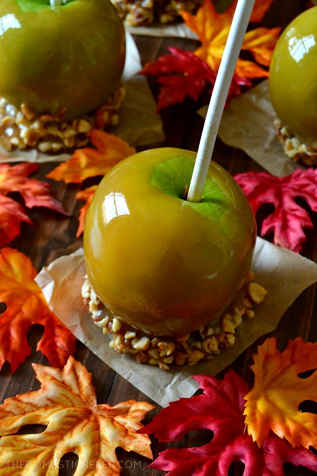 Aerial view of caramel apple on a parchment paper square
