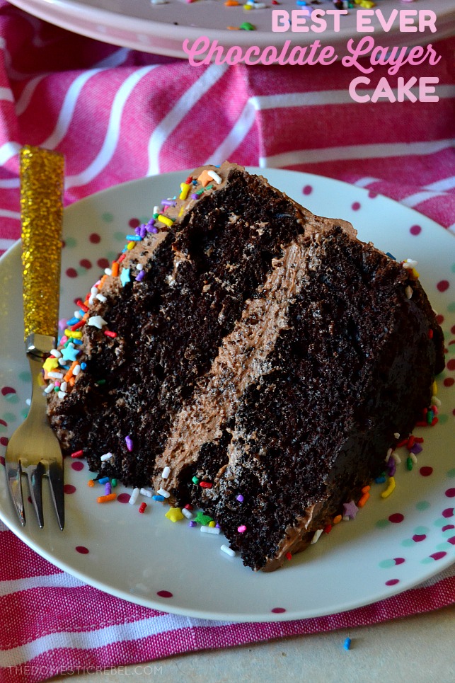 best ever chocolate layer cake on polka dot plate with gold fork
