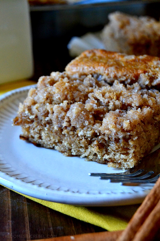 This recipe has been a 3-generation family favorite for the BEST COFFEE CAKE! Buttery, tender streusel and cake flavored with spices and vanilla. Super easy, one bowl, and a total crowd-pleaser! 