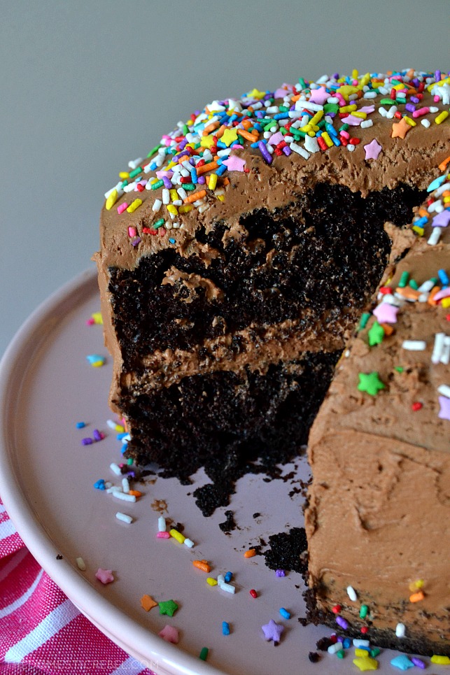 This is the BEST Chocolate Layer Cake with Fudge Frosting recipe! Moist, tender, fluffy cake that's rich with complex chocolate flavor is frosted with a fudgy ganache-like frosting that's light, super rich and so silky smooth! Perfect for any event, this cake will please any crowd! 