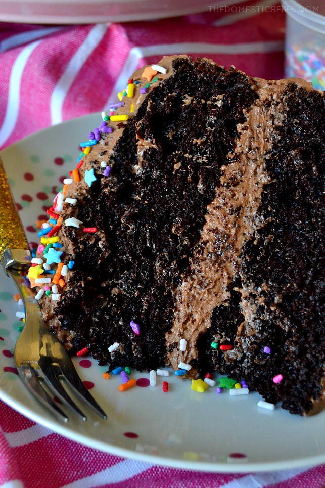 Close up of chocolate cake on its side next to a gold sparkly fork
