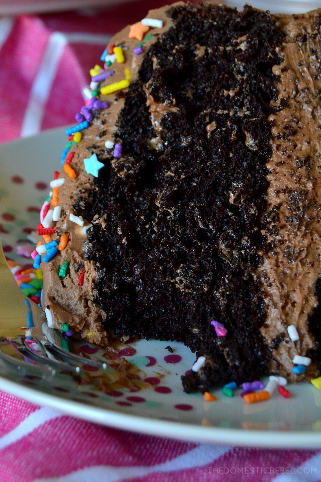 Close up of the top layer of the chocolate cake on a plate.