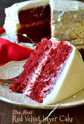 This recipe is the BEST for Red Velvet Cake with Cream Cheese Frosting! Moist and tender red velvet cake with a hint of cocoa powder is crowned with a decadent cream cheese frosting! Such an easy, crowd-pleasing, show-stopping dessert!