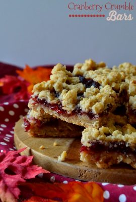 These Cranberry Crumble Bars combine a thick, buttery, oatmeal and brown sugar base and streusel that's filled with tart, tangy and sweet cranberry filling! Soft and chewy, they're great for using up leftover cranberry sauce and they come together in a jiffy!