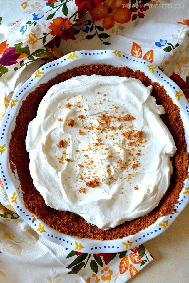 Aerial view of the whole butterscotch pudding pie in a ceramic pan