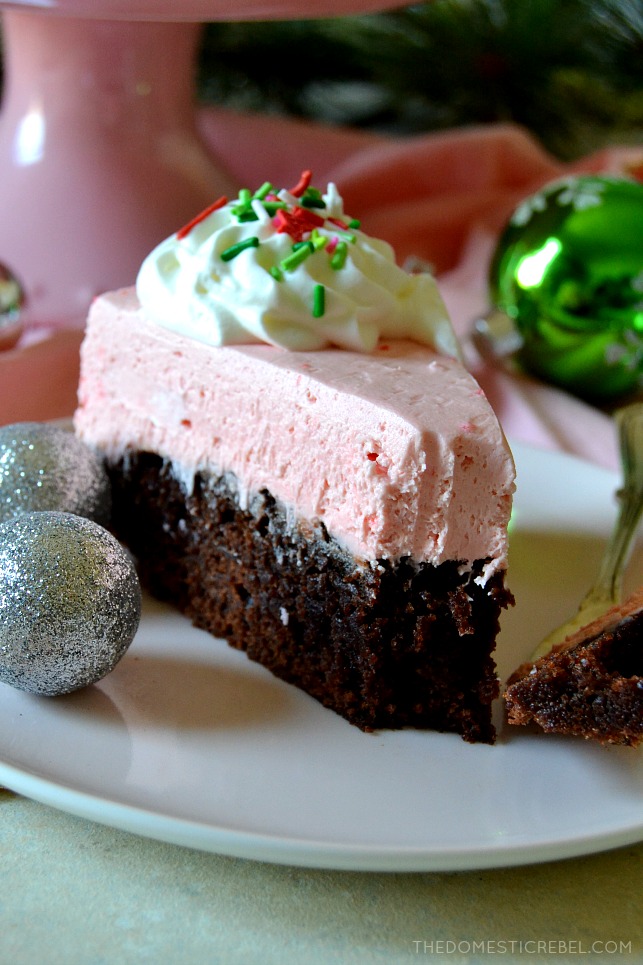 Slice of peppermint brownie cheesecake missing a bite