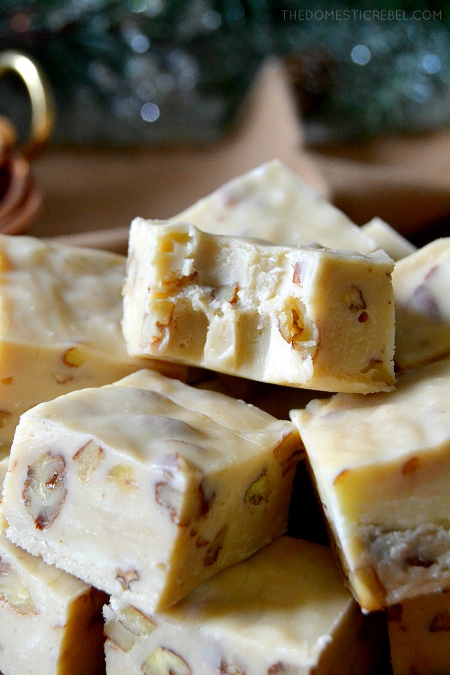 Close-up of a stack of Kahlua fudge pieces with one missing a bite