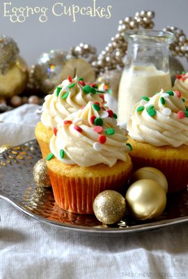 These Easy Eggnog Cupcakes have a simple shortcut but they're PACKED with creamy, buttery, rich eggnog flavor! Moist, fluffy eggnog and nutmeg-spiced cupcakes topped with a sinful eggnog buttercream. So simple, fast, and perfect for any eggnog lover!