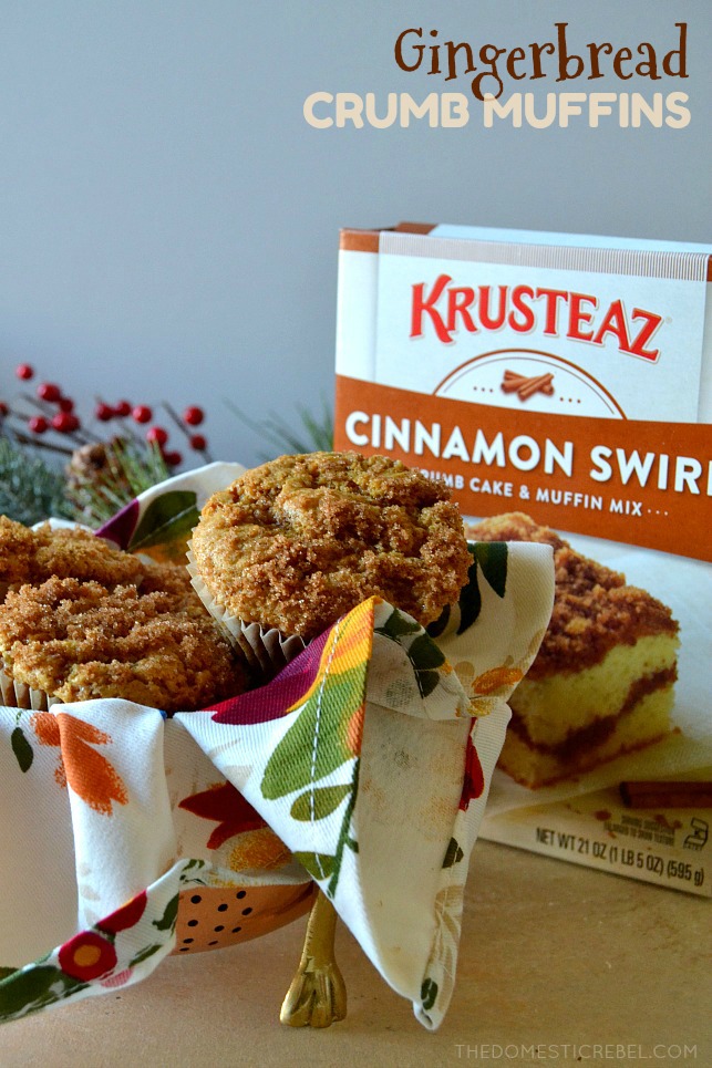 Gingerbread crumb muffins in a bowl in front of Krusteaz Cinnamon Swirl mix