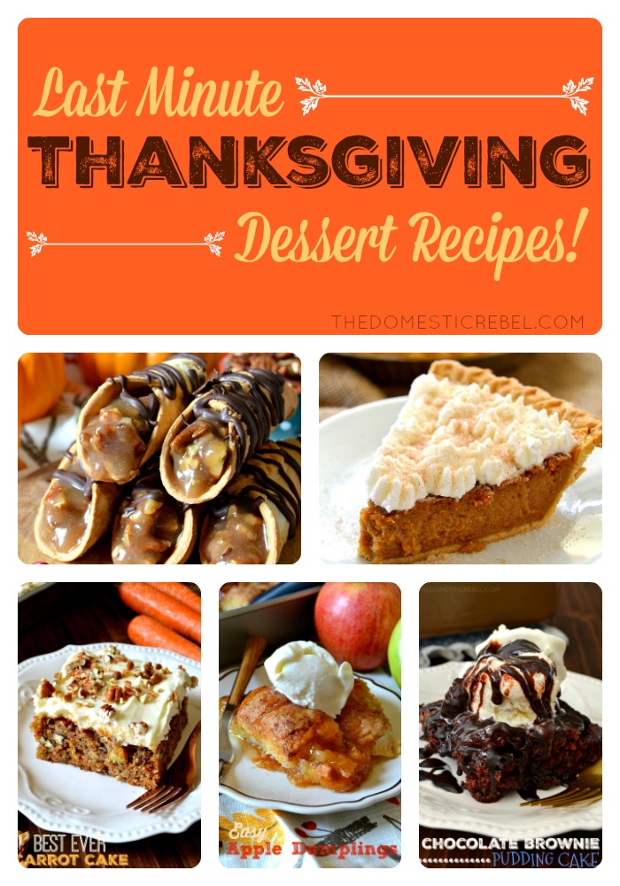 "Last minute Thanksgiving dessert recipes" collage featuring five desserts