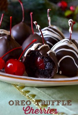 These OREO TRUFFLE CHERRIES are a fun twist on a classic Oreo truffle! Rich, no-bake, EASY Oreo truffles wrapped around a juicy maraschino cherry and then enrobed in sweet milk chocolate. Decorate or drizzle however you'd like! Quick, simple, no-bake treat for the holidays!