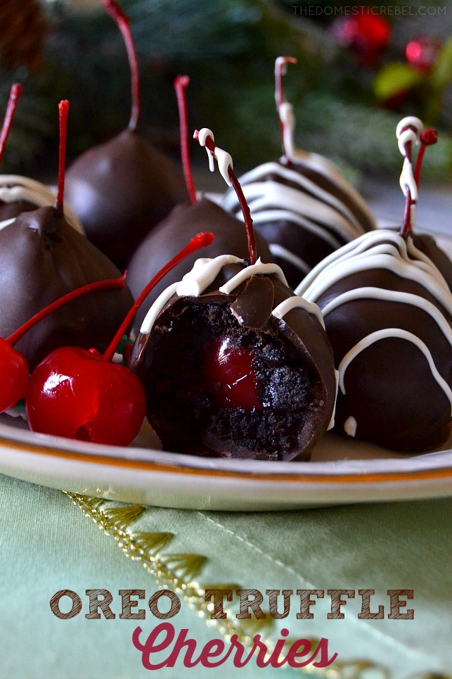 These OREO TRUFFLE CHERRIES are a fun twist on a classic Oreo truffle! Rich, no-bake, EASY Oreo truffles wrapped around a juicy maraschino cherry and then enrobed in sweet milk chocolate. Decorate or drizzle however you'd like! Quick, simple, no-bake treat for the holidays! 