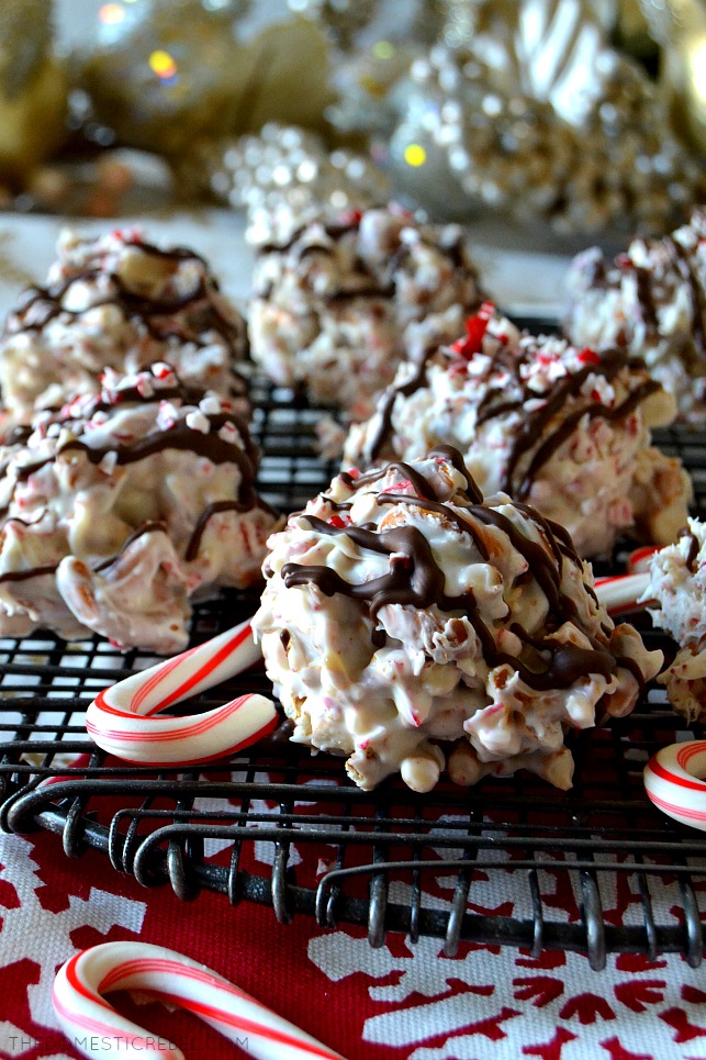 Pieces of white chocolate peppermint bark pretzel candy and candy canes on a rack on a holiday backdrop