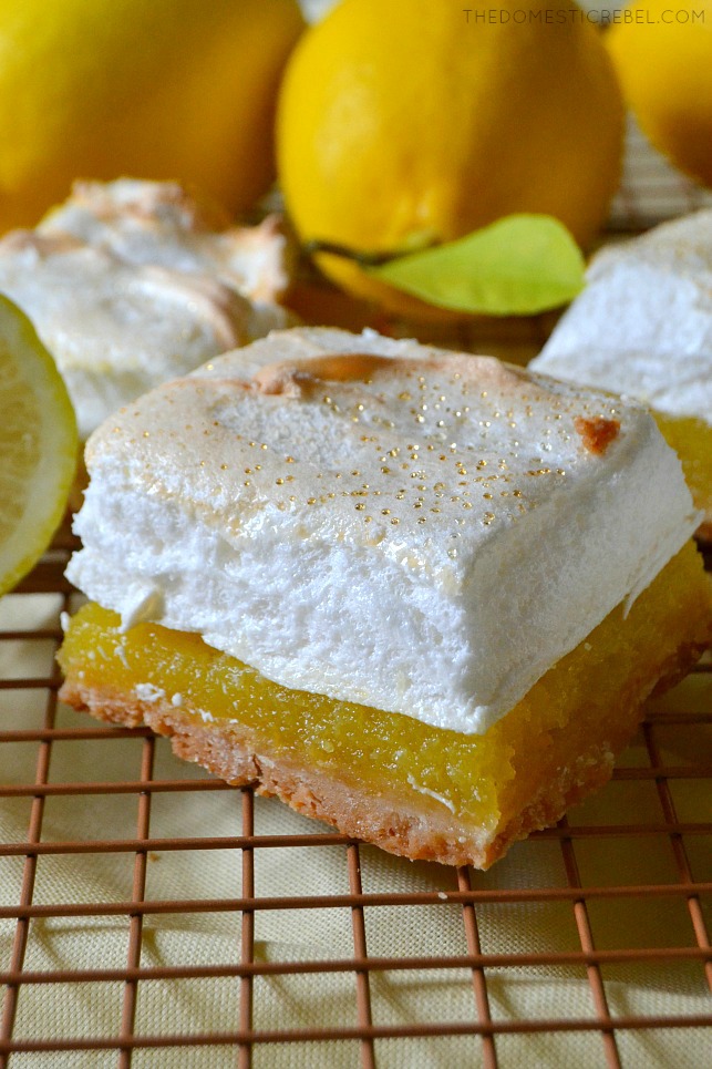 These Shortcut Lemon Meringue Pie Bars are easy, flavorful, gooey and bursting with zesty lemon flavor and a mile-high sweetened meringue. So simple and fabulous for any time of year! 