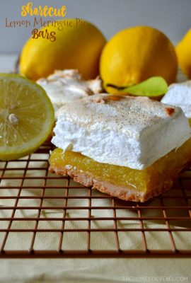 These Shortcut Lemon Meringue Pie Bars are easy, flavorful, gooey and bursting with zesty lemon flavor and a mile-high sweetened meringue. So simple and fabulous for any time of year!