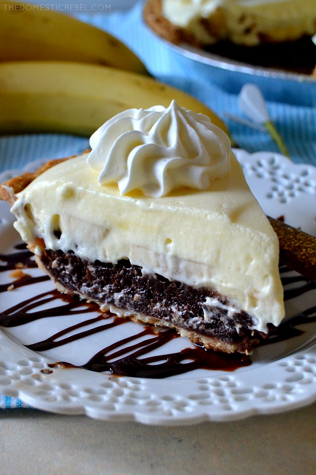 This Brownie Bottom Banana Cream Pie is super unique and totally delicious! A flaky, buttery pie crust is filled with a fudgy, gooey brownie and topped with fresh bananas and a cool and creamy banana pudding! So easy and divine!