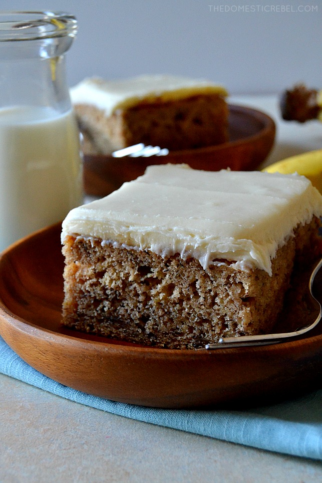 This Simply Perfect Banana Cake is a straightforward but delicious banana cake you need in your recipe box! Moist, fluffy, soft and tender with fresh, real banana flavor and a silky cream cheese frosting. So great and it feeds a crowd! 
