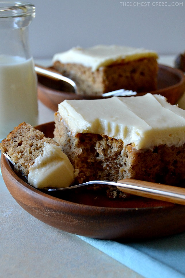 This Simply Perfect Banana Cake is a straightforward but delicious banana cake you need in your recipe box! Moist, fluffy, soft and tender with fresh, real banana flavor and a silky cream cheese frosting. So great and it feeds a crowd! 