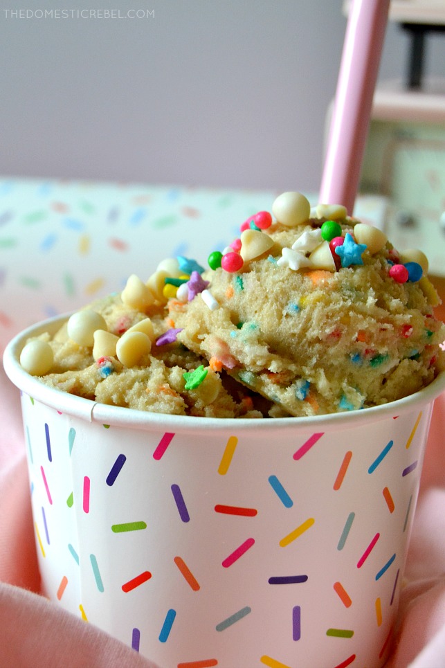 This Funfetti Edible Cookie Dough is safe to eat, delicious, easy and fast for a sugarfix on the go! Buttery, brown sugary with hints of vanilla, white chocolate chips and lots of rainbow sprinkles! You won't believe how tasty this is! 