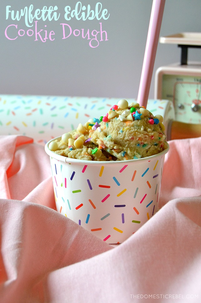 funfetti edible cookie dough in small bowl with pink fabric