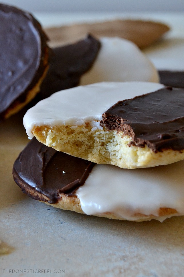 These Best-Ever Black & White Cookies are so fantastic, they taste even BETTER than the ones in NYC delis! Moist, soft and supremely fluffy cake-like vanilla cookies frosted with a two-toned icing, just like in Manhattan. 