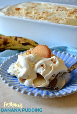 This Famous Banana Pudding is the BEST recipe I've tried! It tastes EXACTLY like the popular Magnolia Bakery's banana pudding in NYC! Creamy, light, fluffy and filled with fresh banana flavor! Plus, it feeds a HUGE crowd!