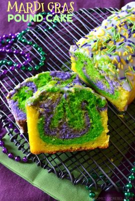 This Mardi Gras Lemon Pound Cake is so festive, moist, bright and zippy with a fun Mardi Gras-inspired swirl! It's made super simple with Krusteaz's Meyer Lemon Pound Cake Mix! #ad