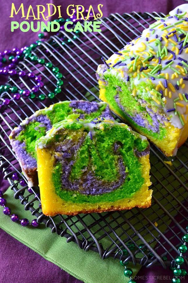 This Mardi Gras Lemon Pound Cake is so festive, moist, bright and zippy with a fun Mardi Gras-inspired swirl! It's made super simple with Krusteaz's Meyer Lemon Pound Cake Mix! #ad