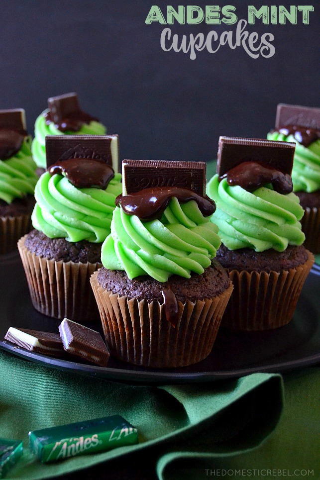 andes mint cupcakes on black plate and green fabric