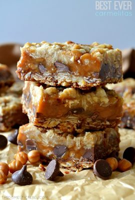 These are the BEST ever Carmelitas! Buttery oatmeal cookie dough layers sandwiching gooey, buttery caramel and rich chocolate chips in every bite! Gooey, chewy, sweet and delicious, these bars are amazing!