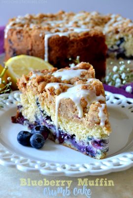 This Blueberry Muffin Crumb Cake is easy, impressive and perfect for brunch or dessert! Moist and soft cake filled with juicy blueberries and topped with a mountain of thick brown sugar crumb with a lemon glaze. So delicious!