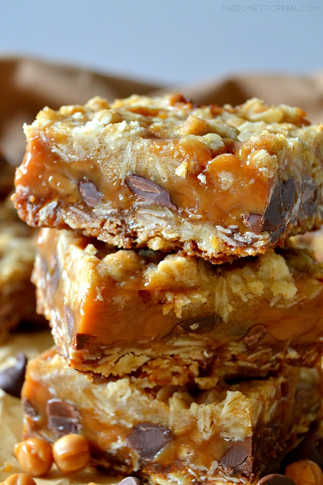 These are the BEST ever Carmelitas! Buttery oatmeal cookie dough layers sandwiching gooey, buttery caramel and rich chocolate chips in every bite! Gooey, chewy, sweet and delicious, these bars are amazing! 