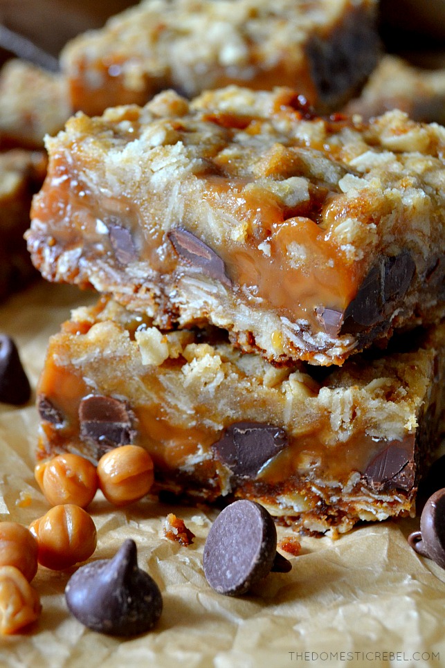 These are the BEST ever Carmelitas! Buttery oatmeal cookie dough layers sandwiching gooey, buttery caramel and rich chocolate chips in every bite! Gooey, chewy, sweet and delicious, these bars are amazing! 