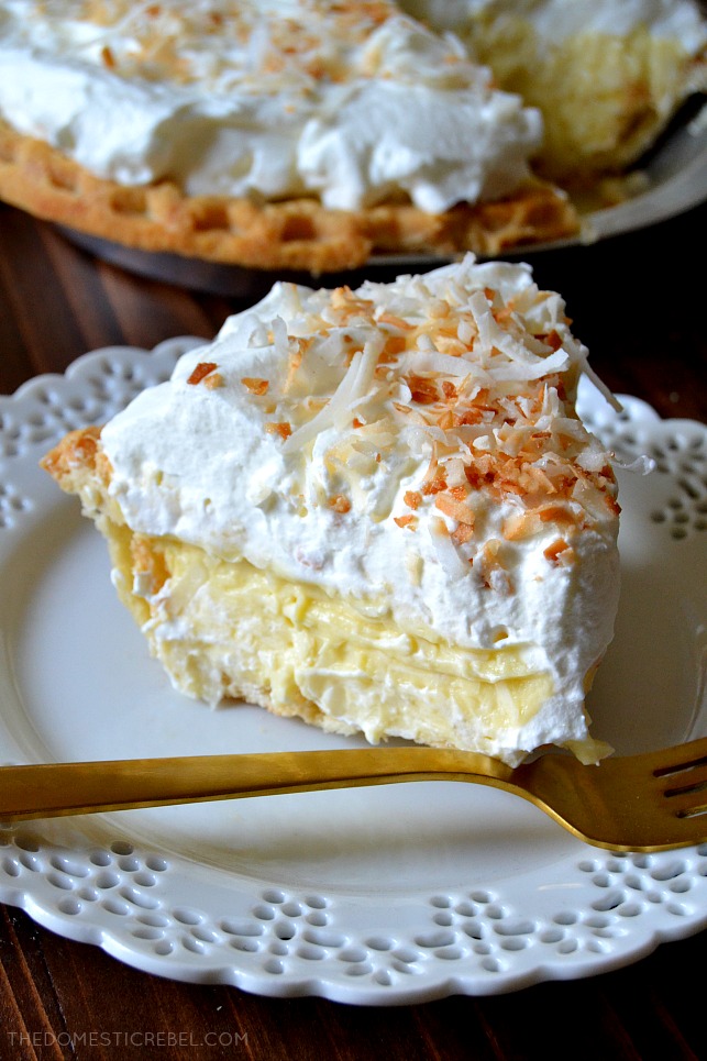 This is the BEST recipe for Homemade Coconut Cream Pie! Silky, decadent, creamy coconut custard in a flaky, buttery pie crust and topped with fresh sweetened whipped cream and toasted nutty coconut. So easy, delectable and makes for an amazing party dessert! 