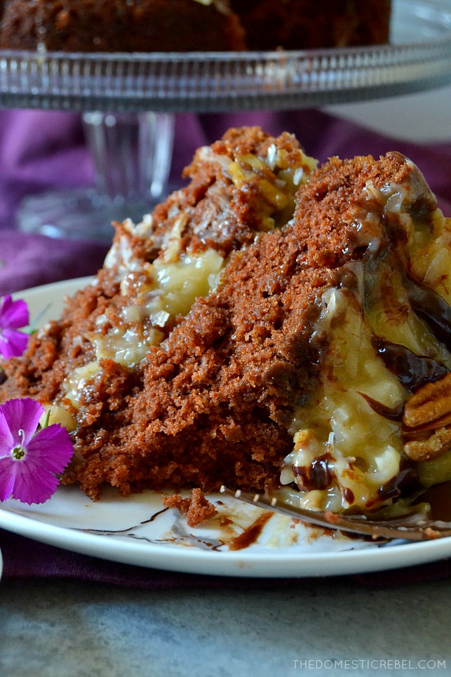This is the most amazing German Chocolate Cake recipe! Moist, tender chocolate cake surrounded by scratch-made, buttery coconut pecan frosting! Rich and decadent yet simple, this cake needs to make it into your recipe box! 