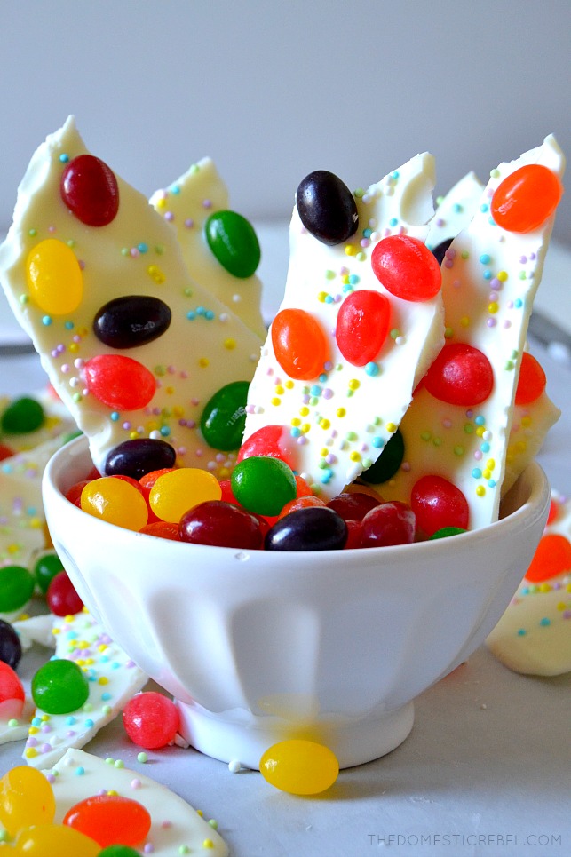 This 2-Ingredient Jelly Bean Bark is easy, fast and fun to decorate with kids for Easter treats and gifts! Just two simple ingredients and it's made from start to finish in minutes! 