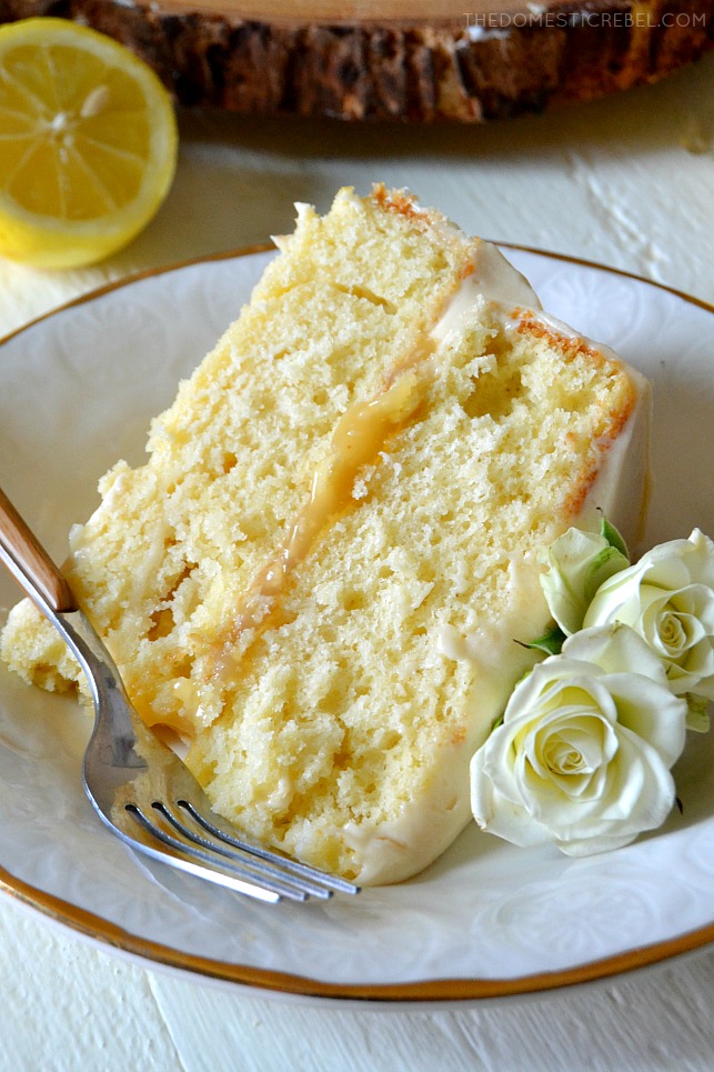 This recipe for Lemon Cake is the BEST EVER! Moist and tender homemade lemon cake with a stick-to-your-fork crumb, a juicy lemon curd filling and a light and luscious lemony cream cheese frosting! Easy, fast, impressive and delicious! 