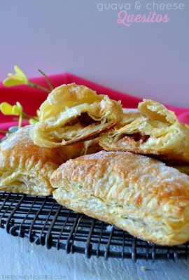 These Puerto Rican Guava & Cream Cheese Quesitos are like flaky cheese danish pastries but made with tart, tangy guava paste and sweetened cream cheese in every sugary bite! You'll love these easy, fast pastries for breakfast, brunch, or dessert!