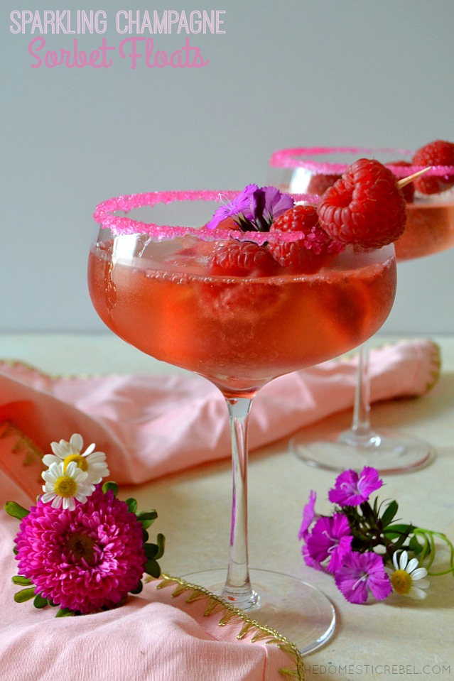 sparkling champagne sorbet floats in martini glasses with fresh flowers