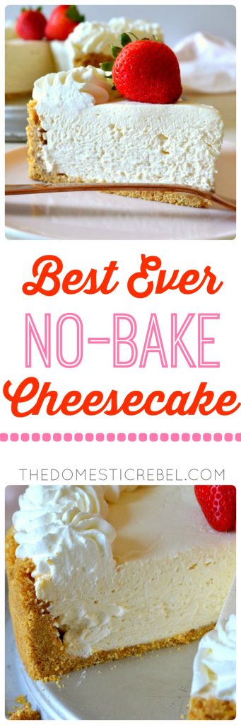 This No-Bake Cheesecake is the BEST EVER! Super rich, smooth, creamy and fluffy, it tastes like authentic New York cheesecake but in a dreamy no-bake version! Comes together pretty quickly, can be made ahead and great for serving a crowd! The perfect no-bake dessert! 