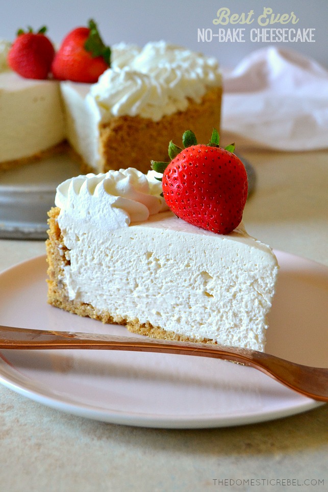 This No-Bake Cheesecake is the BEST EVER! Super rich, smooth, creamy and fluffy, it tastes like authentic New York cheesecake but in a dreamy no-bake version! Comes together pretty quickly, can be made ahead and great for serving a crowd! The perfect no-bake dessert!