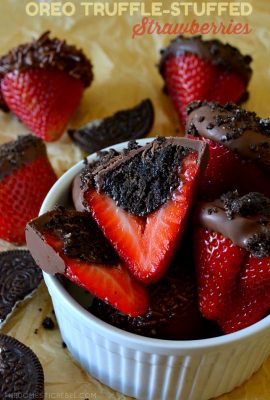 These Oreo Truffle-Stuffed Strawberries will be a huge HIT at your next get-together or party! They come together in minutes, have only four simple ingredients and taste AMAZING! You'll love this easy, no-bake recipe!