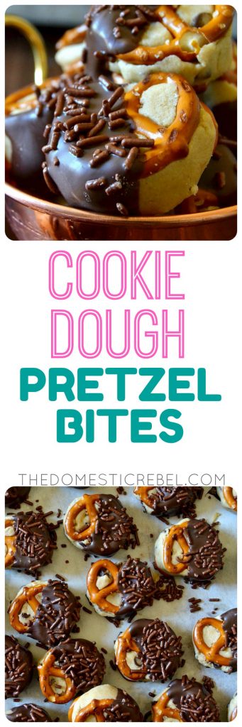 These Cookie Dough Pretzel Bites are back from the archives and better than ever! Crunchy, creamy, sweet & salty pretzel bites filled with edible, egg-free and safe-to-eat chocolate chip cookie dough for the perfectly addictive, irresistible chocolate craving! You'll love these no-bake wonders! 