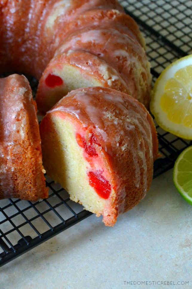 This Shirley Temple Pound Cake is a unique twist on a classic all-butter pound cake! Moist, soft and tender with a dense crumb, it's flavored with lemon lime soda and sweet maraschino cherries for a delightful take on a Shirley Temple! 
